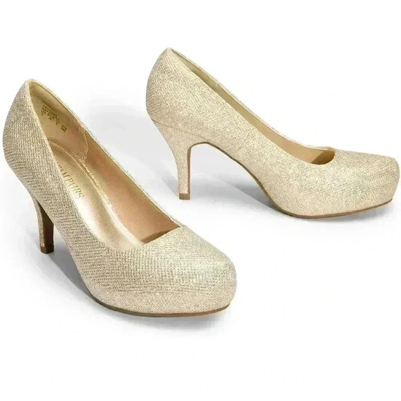 DREAM PAIRS Elegant Low Stiletto Heel Dress Platform Pump Sparkly Gold Shoe 9.5 - Picture 2 of 5